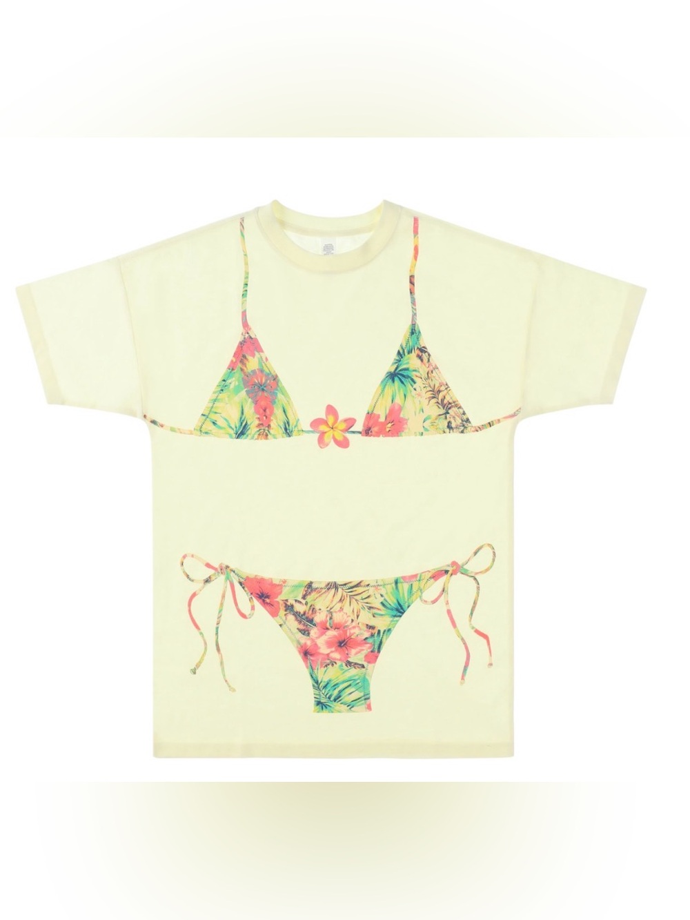 New Floral Bikini Graphic Tee Shirt in Cream with Tropical  Print - Coverup - S